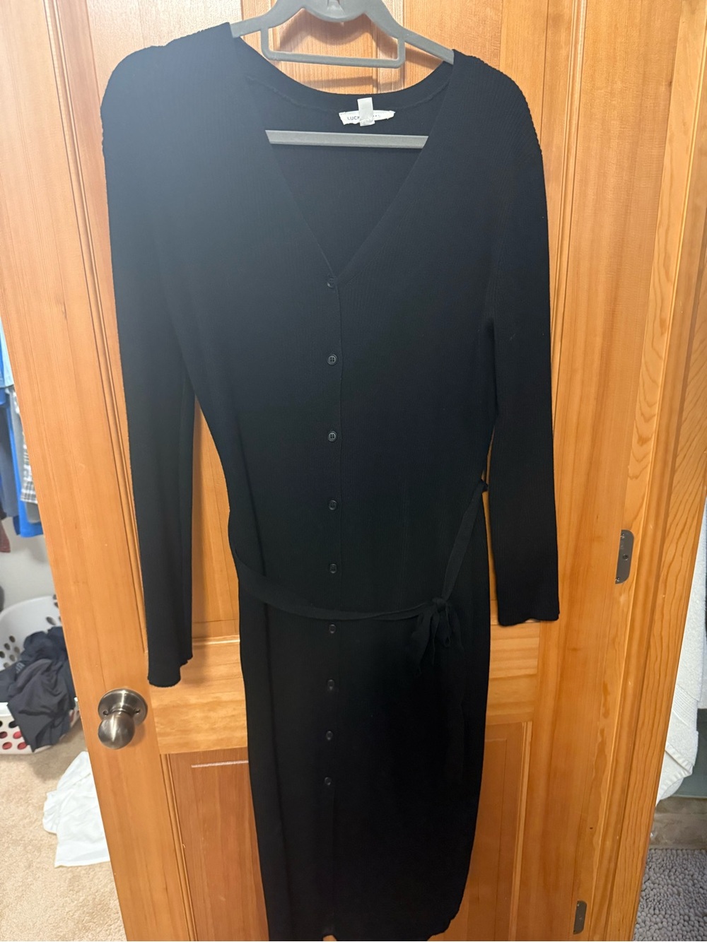 Lucky Brand Black Long-Sleeve Button-Front Midi Dress with Tie Waist